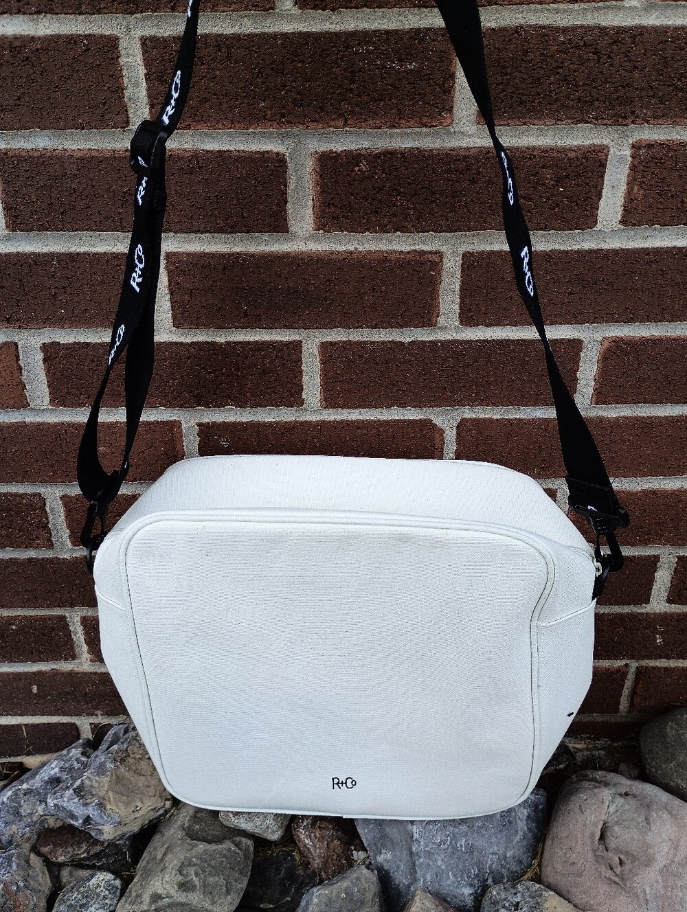 R+Co White Crossbody Bag with Black Branded Strap